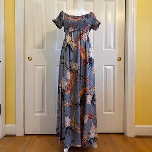 NWT Patrons of Peace Blue Tropical Floral Smocked Off the Shoulder Maxi Dress M